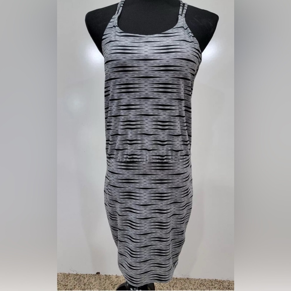 Athleta Sleeveless Black and Gray Striped Dress. B9